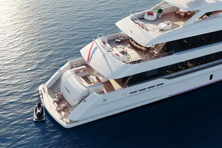 Project Frida - An aerial view of a luxury yacht named 'Frida' on a calm body of water, featurin