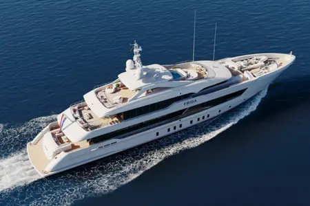 Agnetha - A luxury yacht named 'Frida' cruising on a calm blue sea, featuring multiple dec