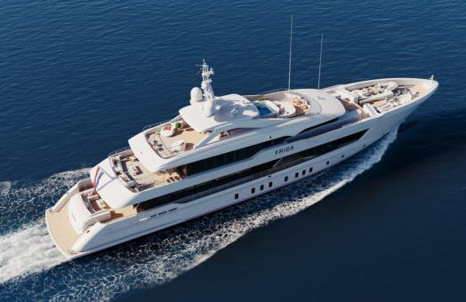 Agnetha - A luxury yacht named 'Frida' cruising on a calm blue sea, featuring multiple dec