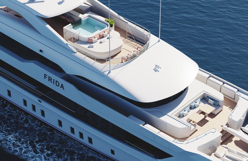 Project Frida - A luxurious yacht named Frida cruising through blue ocean waters, featuring mult