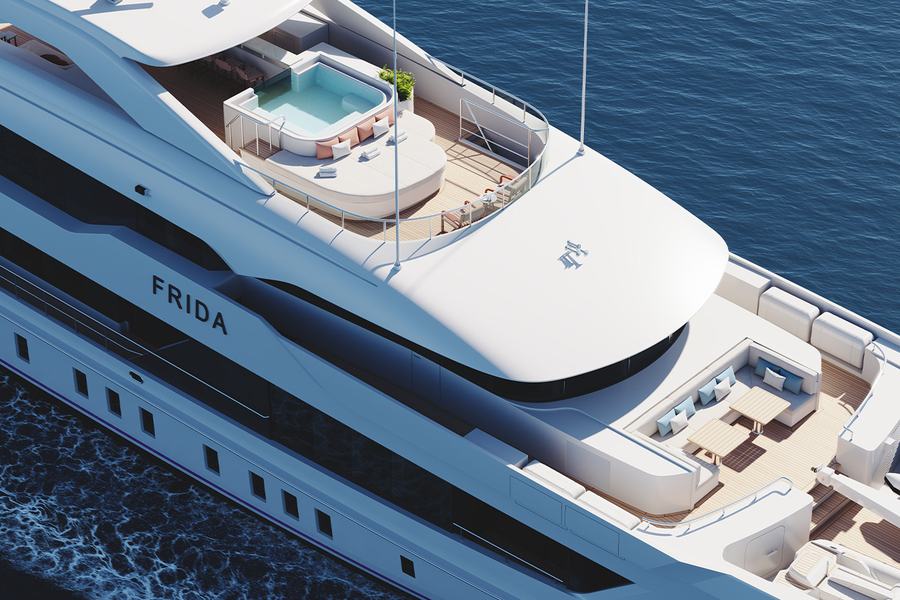 Project Frida - A luxurious yacht named Frida cruising through blue ocean waters, featuring mult