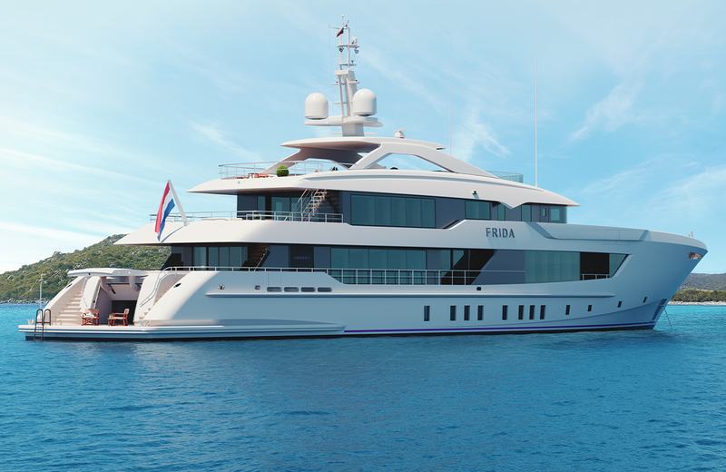 Project Frida - A luxury yacht named 'Frida' anchored in the blue ocean with a scenic view of hi