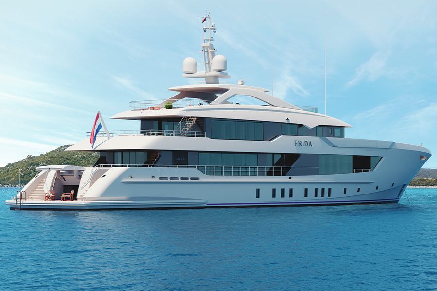 Project Frida - A luxury yacht named 'Frida' anchored in the blue ocean with a scenic view of hi