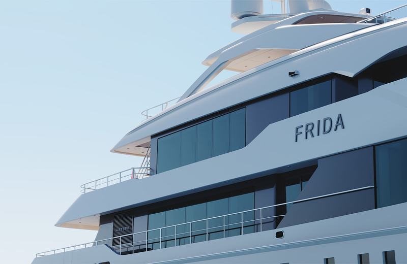Project Frida - Close-up view of the upper decks of a yacht named Frida, featuring large windows