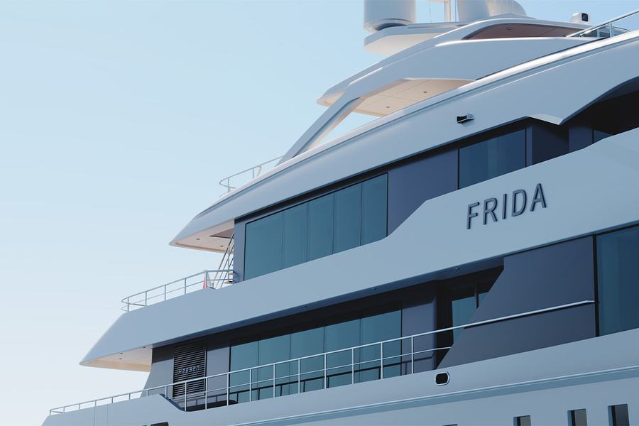 Project Frida - Close-up view of the upper decks of a yacht named Frida, featuring large windows