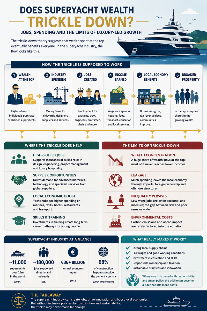 Infographic explaining how superyacht spending creates jobs and local economic activity, and the limits of trickle-down economics.