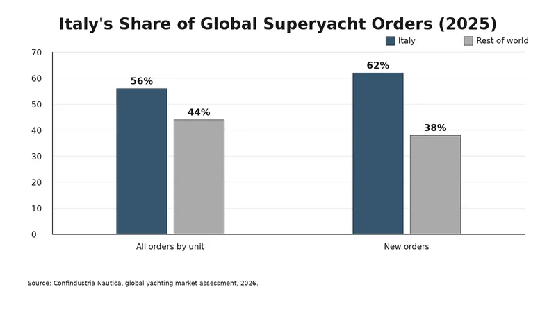 Chart showing Italy's share of global superyacht orders and new orders in 2025