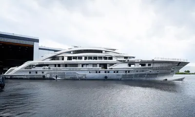 The hull and superstructure of 80-metre Project Cosmos are now joined together press image