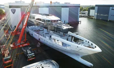 60-metre Steel Project Falcon hull and superstructure have now been joined together press image