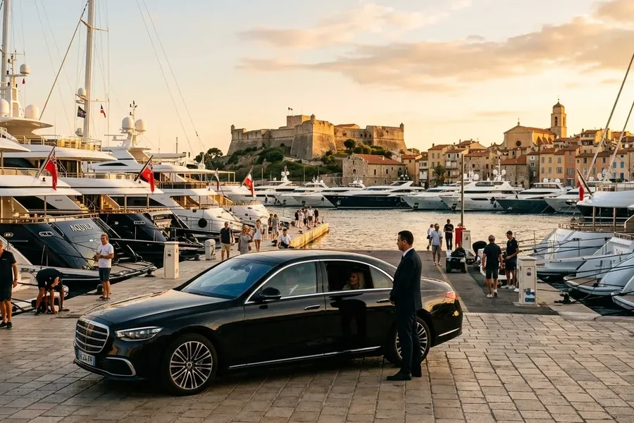 Black Mercedes chauffeur vehicle beside superyachts at Port Vauban, Antibes