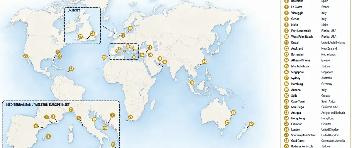 Global map of 31 Superyacht Business Hubs