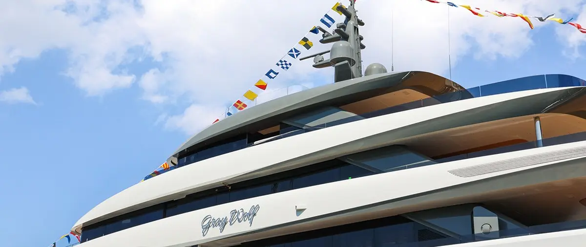 52.4m GRAY WOLF Confirmed for Monaco Yacht Show Berth E09 — Mengi Yay Yachts / official GRAY WOLF launch photograph, April 2026 (archival)
