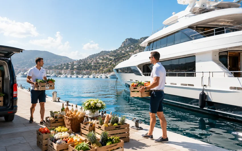 Marine provisions delivered beside a superyacht.